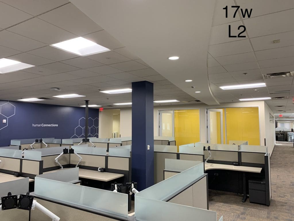 Office space with several empty cubicles, blue and yellow walls, and overhead fluorescent lighting. A sign reads "17w L2." The interior design draws inspiration from a rose garden, bringing a fresh ambiance to the recently restacked areas.